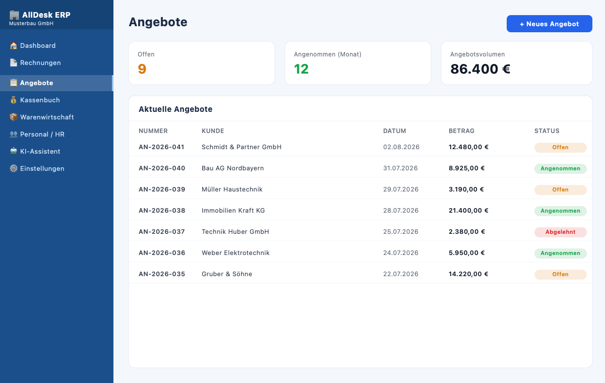 AllDesk ERP Angebote – Angebotsliste mit Status und Volumen