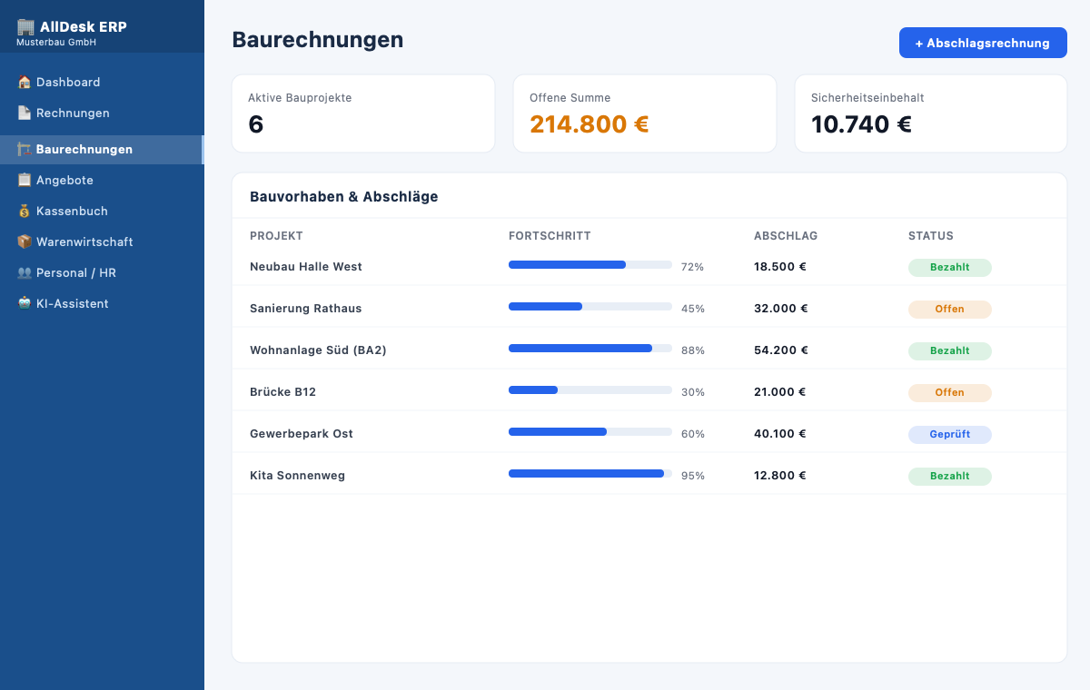 AllDesk ERP Baurechnungen – Bauprojekte, Baufortschritt und Abschlagsrechnungen