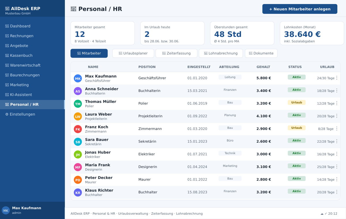 AllDesk ERP Personal HR – Mitarbeiterverwaltung und Urlaubsplanung