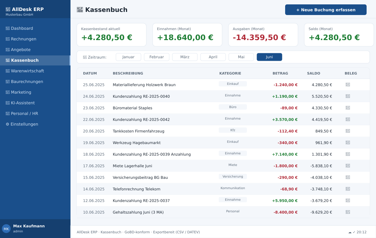 AllDesk ERP Kassenbuch – Einnahmen und Ausgaben verwalten