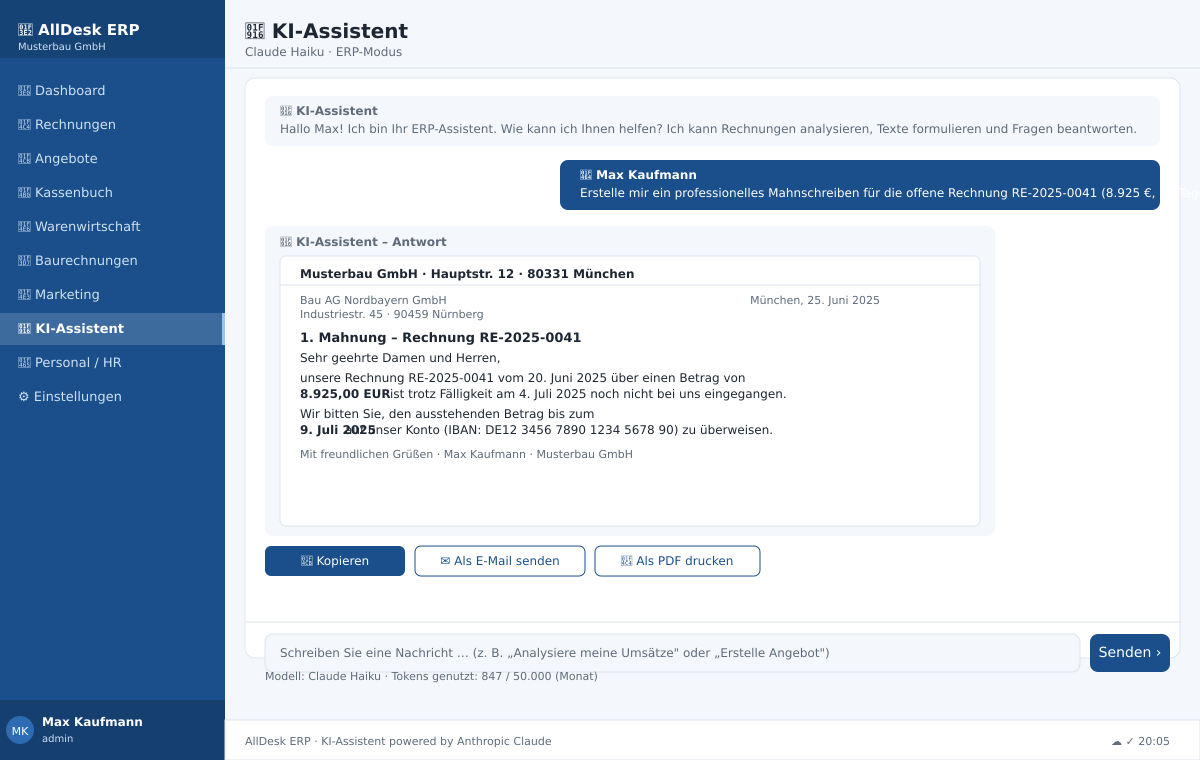 AllDesk ERP KI-Assistent – Mahnschreiben und Analysen per KI