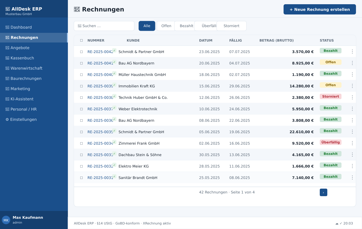 AllDesk ERP Rechnungen – §14 UStG konforme Rechnungsliste