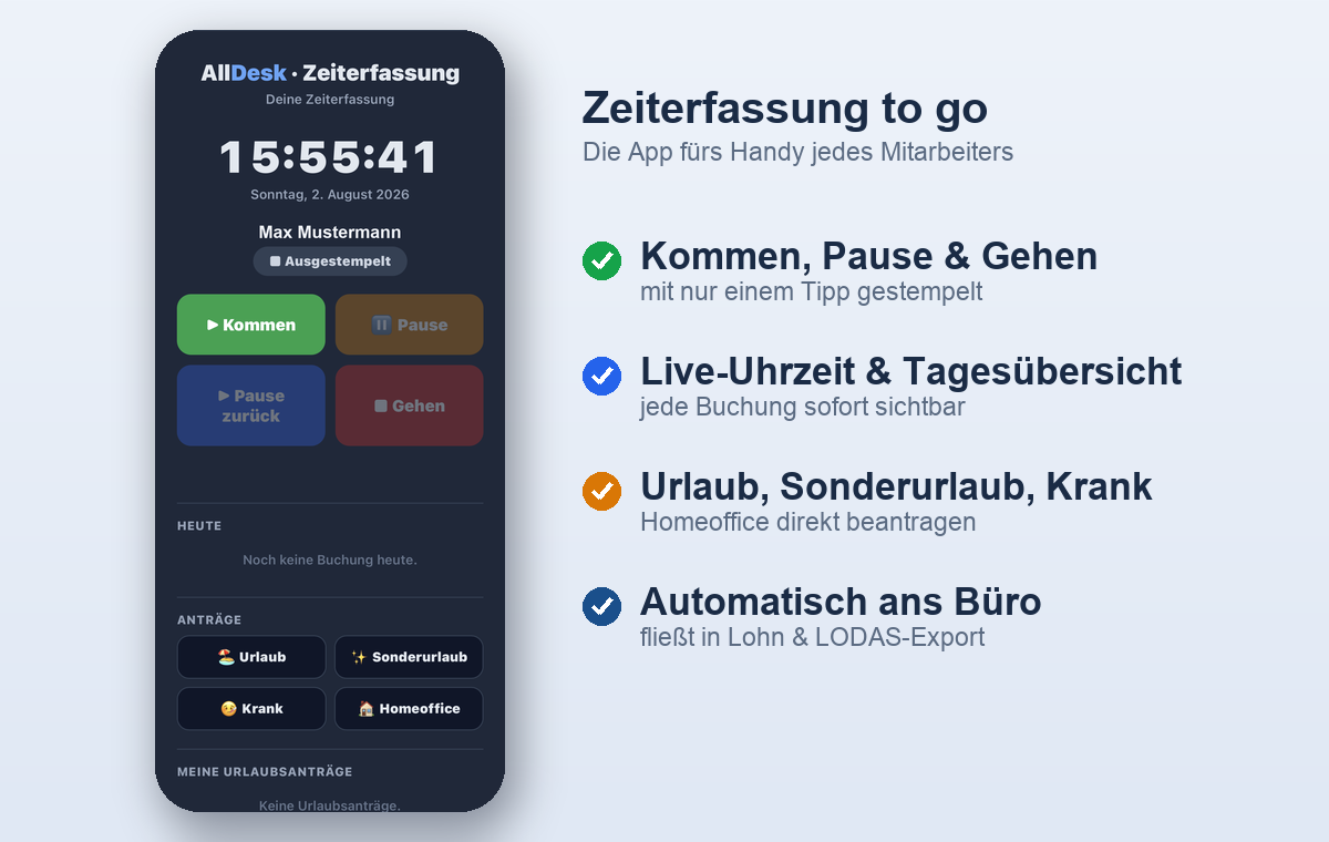 AllDesk Stempeluhr am Handy – Kommen, Pause und Gehen mit einem Tipp